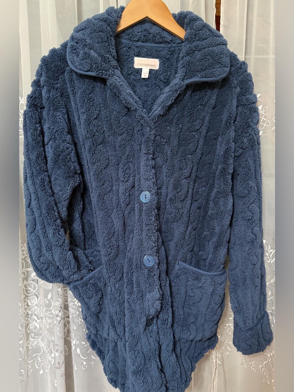 Stan Herman Plush Navy Blue Cozy Button-Up BedJacket